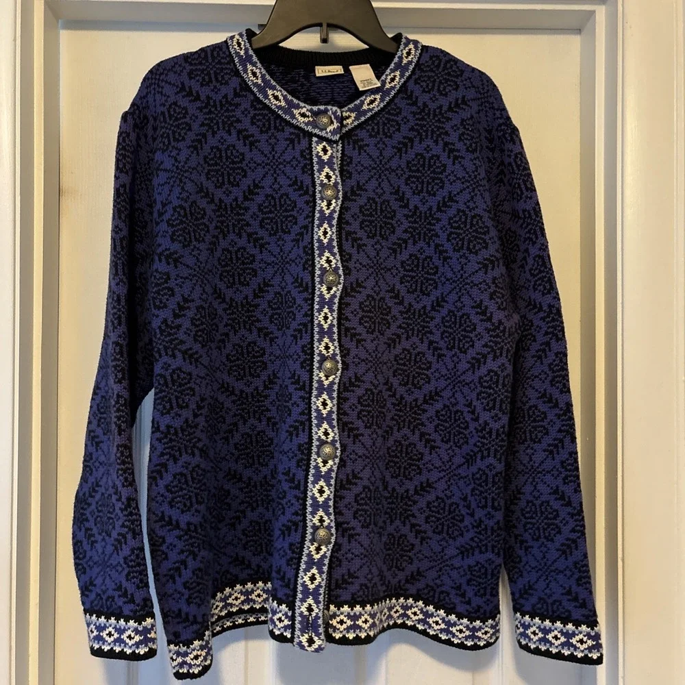 Vtg LL BEAN Sweater Womens XL Nordic Fair Isle Jacquard Cardigan Cotton Purple